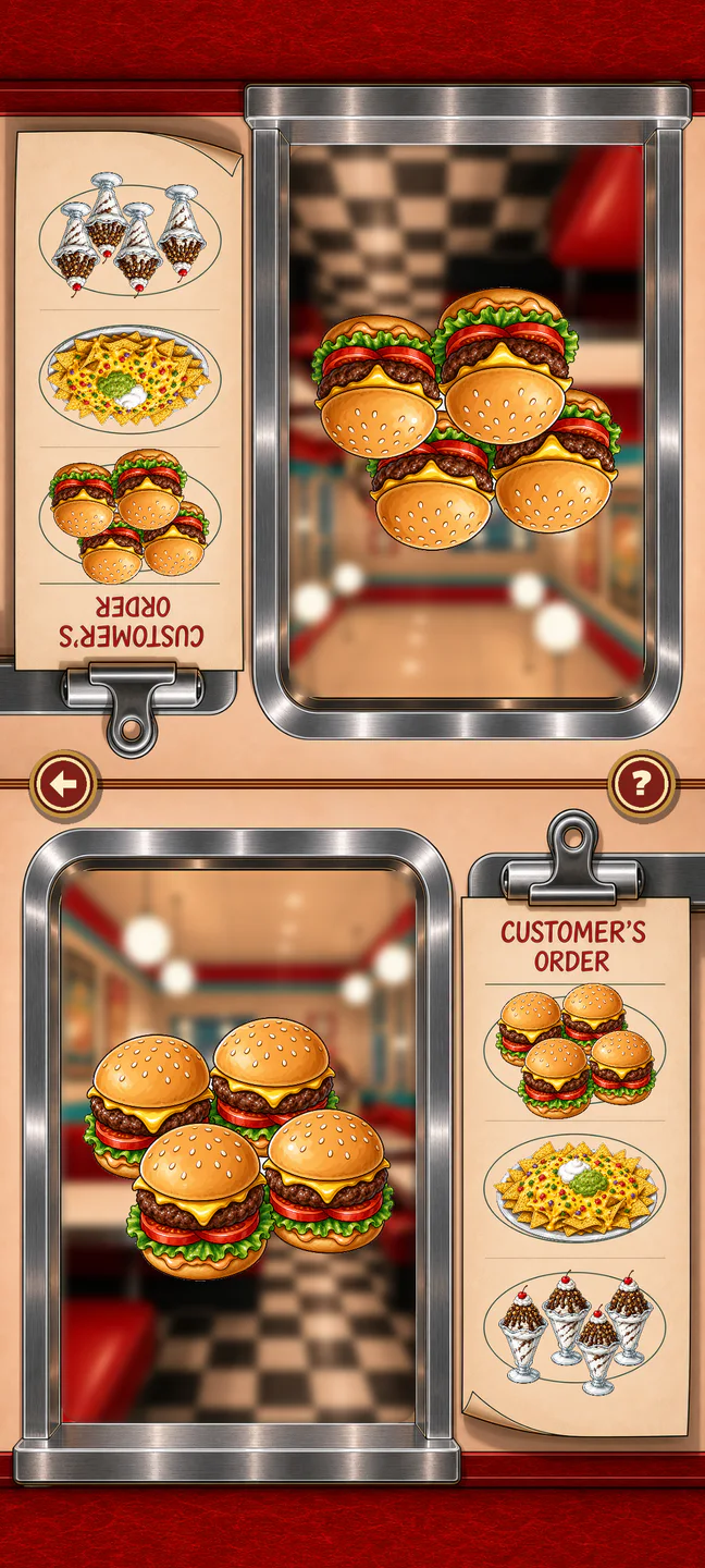 Two opposing players race to collect a three-item diner order on one phone