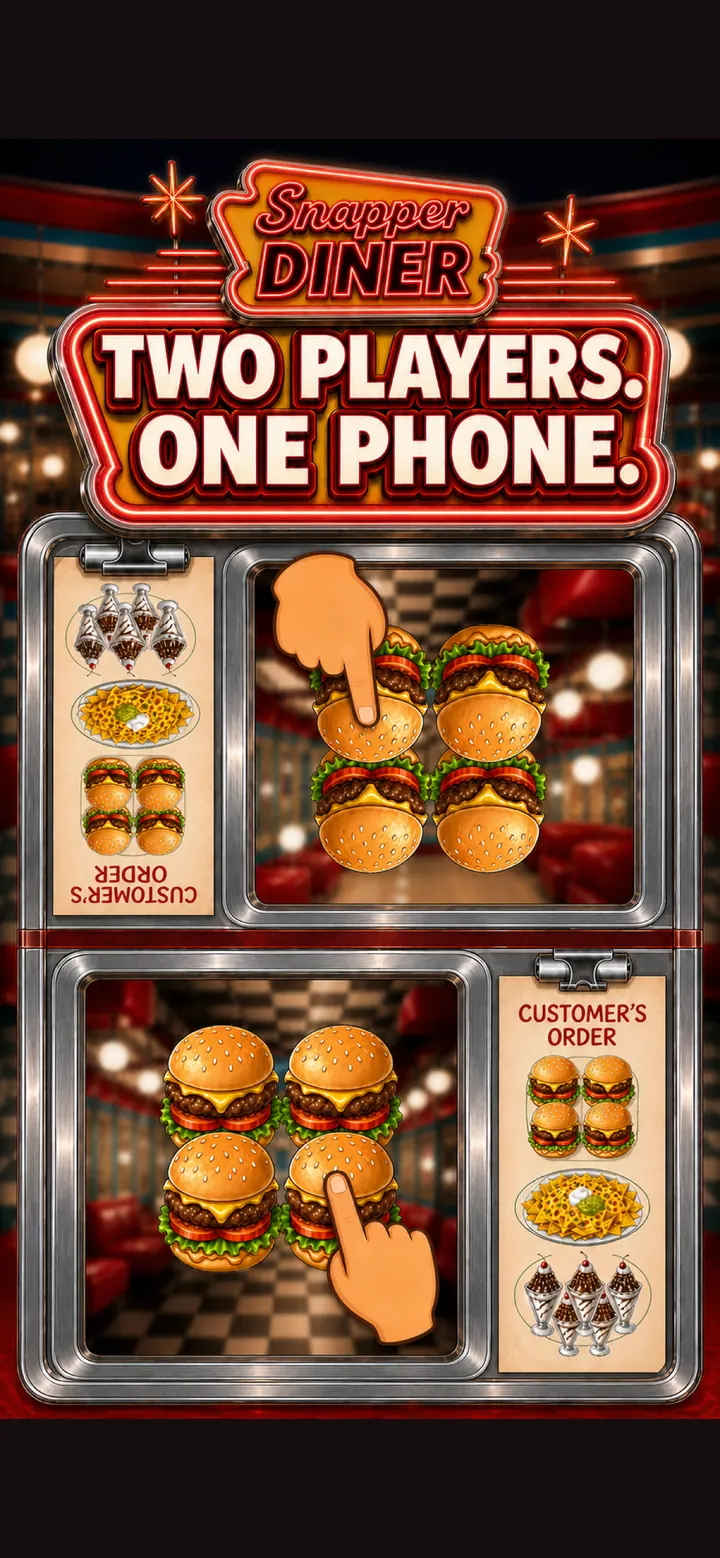 Snapper Diner store screenshot showing two players competing on one phone