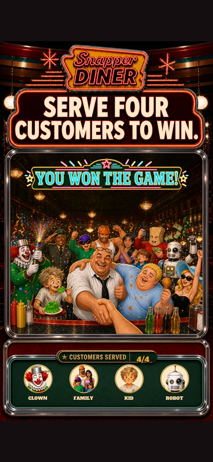 Snapper Diner store screenshot showing four customers served to win