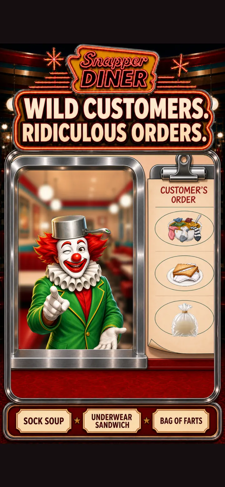 Snapper Diner store screenshot featuring a wild customer and ridiculous order